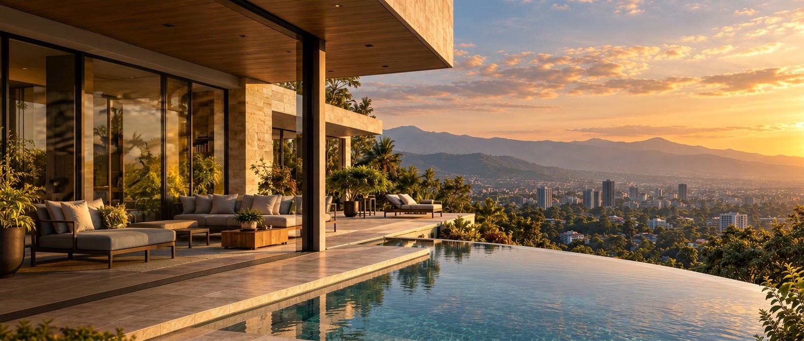Villa moderna con piscina infinita al atardecer sobre el Valle Central de Costa Rica